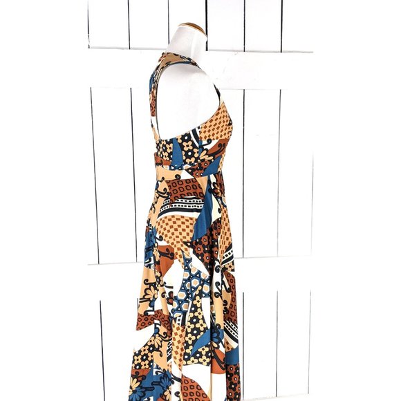 70s vintage brown floral psychedelic print sleeveless peep halter top maxi dress - Picture 5 of 8